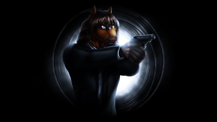 007 16:9 anthro bay_(marking) black_tie_(suit) clothing dream_and_nightmare equid equine gun hi_res holding_gun holding_object holding_ranged_weapon holding_weapon horse james_bond male mammal markings parody ranged_weapon ryan_moonshadow solo suit wallpaper weapon widescreen