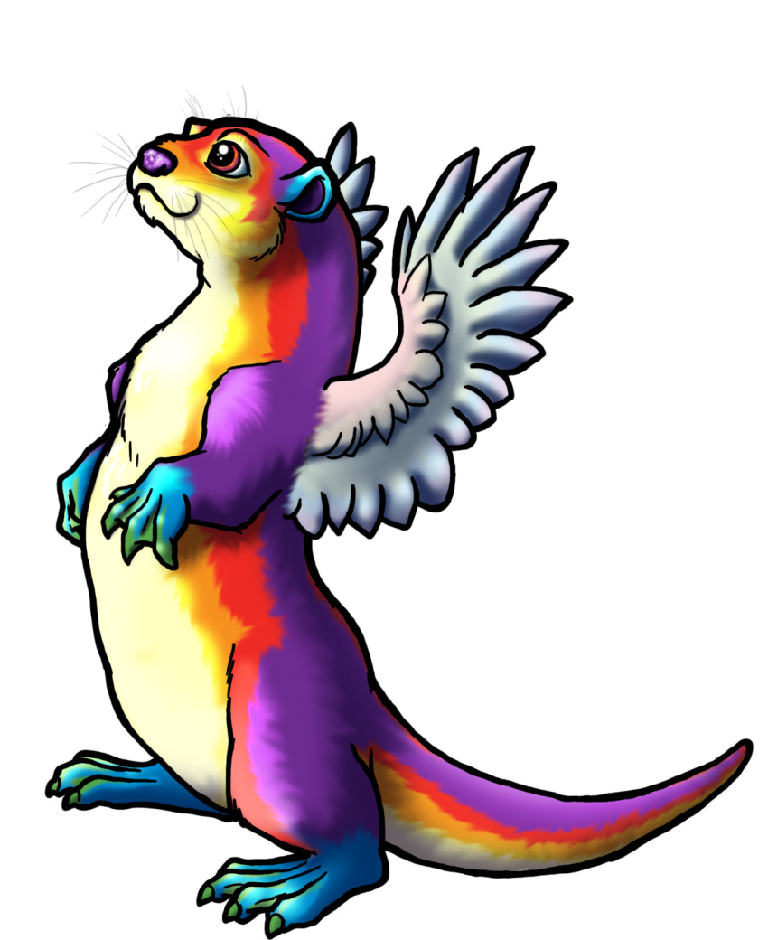 4_toes alpha_channel ambiguous_gender colorful_theme feathered_wings feathers feet feral fur hi_res mammal membrane_(anatomy) multicolored_body multicolored_fur mustelid otter purple_nose rainbow_body rainbow_fur red_eyes roryrochelle simple_background solo sparklefur toes transparent_background webbed_hands whiskers wings