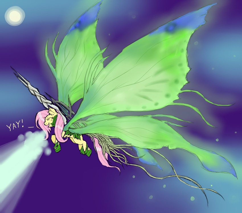 2013 alternate_species closed_eyes clothed clothing crossover dark_souls energy_beam equid equine evil_grin female feral fluttershy_(mlp) friendship_is_magic fromsoftware fur hair hasbro hi_res horse ichibangravity insect_wings leaf lepidopteran_wings long_hair mammal moon moonlight_butterfly my_little_pony night open_mouth outside parody pink_hair pony simple_background sky smile solo star wings yellow_body yellow_fur