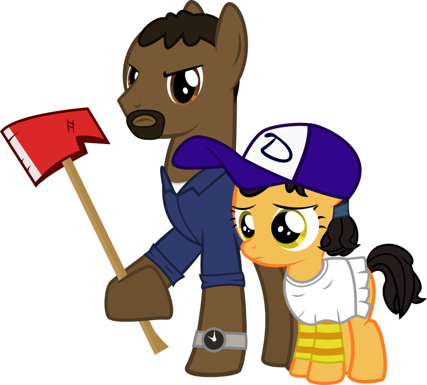 absurd_res alpha_channel alternate_species axe black_hair bottomless brown_eyes clementine_(the_walking_dead) clock clothed clothing crossover duo equid equine female feral hair hasbro hat headgear headwear hi_res holding_object holding_weapon horse lee_everett_(the_walking_dead) male mammal melee_weapon my_little_pony ponification pony shirt the_walking_dead topwear watch weapon xenoneal yellow_eyes