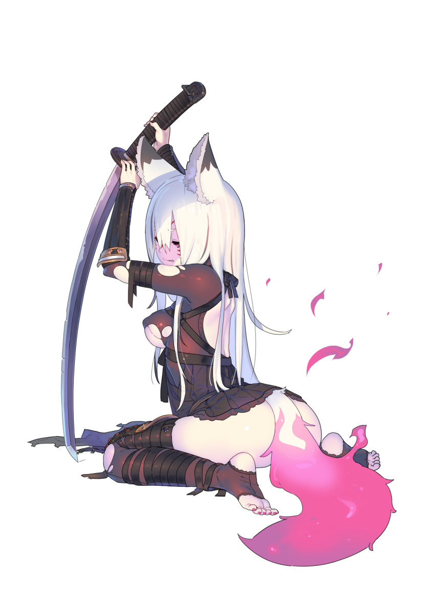 animal_ears ass black_dress breasts commentary_request dress enkyo_yuuichirou facial_mark female flower fox_ears fox_tail full_body hair_ornament highres holding holding_sword holding_weapon katana kitsunegasaki_tametsugu_(tenka_hyakken) long_hair official_art purple_eyes red_nails simple_background sitting solo sword tail tenka_hyakken thighhighs toes torn_clothes torn_thighhighs wariza weapon white_background white_hair