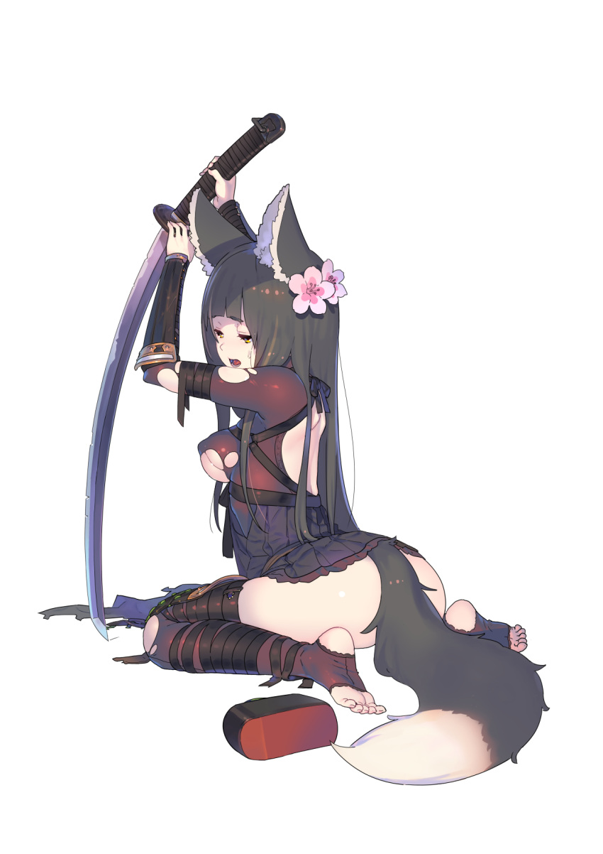 animal_ears ass black_dress black_hair breasts cherry_blossoms commentary_request dress enkyo_yuuichirou female flower fox_ears fox_tail full_body hair_flower hair_ornament highres holding holding_sword holding_weapon katana kitsunegasaki_tametsugu_(tenka_hyakken) long_hair official_art pink_flower simple_background sitting solo sword tail tenka_hyakken thighhighs toes torn_clothes torn_thighhighs wariza weapon white_background yellow_eyes