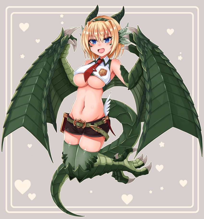 absurdres animal_feet bare_shoulders belt blonde_hair breasts claws dragon_girl dragon_horns dragon_tail dragon_wings feathers female floating full_body gift_art green_scales green_wings grey_background hair_intakes heart heart_background highres horns large_breasts monster_girl monster_girl_encyclopedia navel necktie red_necktie scales second-party_source short_hair short_shorts shorts simple_background sleeveless solo sora_(sunday_sky) tail thighhighs underboob wing_collar winged_arms wings wyvern_(monster_girl_encyclopedia)