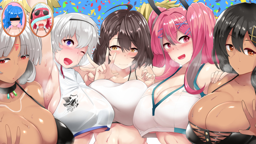 6+girls :d ;d ahoge armpits arms_up azur_lane baltimore_(azur_lane) baltimore_(black_ace)_(azur_lane) bare_shoulders bikini bikini_top_only black_bra black_choker black_hair black_hairband black_ribbon blue_background blue_hair blush body_markings bra braid breast_press breasts breasts_squeezed_together bremerton_(azur_lane) bremerton_(scorching-hot_training)_(azur_lane) brown_eyes brown_hair censored cheerleader choker cleavage collarbone commentary_request confetti crop_top crop_top_overhang dark-skinned_female dark_skin dress eagle_union_(emblem) eyewear_on_head facial_mark forehead_mark french_braid grey_hair hair_between_eyes hair_intakes hair_ornament hair_ribbon hairband hairclip hands_on_another's_shoulders hands_up highres holding holding_pom_poms honolulu_(azur_lane) honolulu_(summer_accident?!)_(azur_lane) hose identity_censor jewelry large_breasts long_hair looking_at_viewer massachusetts_(azur_lane) midriff mizuyan multicolored_hair multiple_girls native_american navel no_mole not_present official_alternate_costume one_eye_closed open_mouth parted_hair pink_eyes pink_hair pom_pom_(cheerleading) purple_eyes red_eyes red_hair reno_(azur_lane) reno_(biggest_little_cheerleader)_(azur_lane) ribbon see-through shirt short_hair side-by-side side_ponytail sidelocks silver_dress sleeveless sleeveless_shirt smile south_dakota_(azur_lane) sports_bra sportswear st._louis_(azur_lane) st._louis_(luxurious_wheels)_(azur_lane) standing steam streaked_hair sunglasses sweat swimsuit symmetrical_docking tennis_uniform twintails two-tone_shirt underboob underwear upper_body v white_hair white_sports_bra x_hair_ornament yellow_eyes