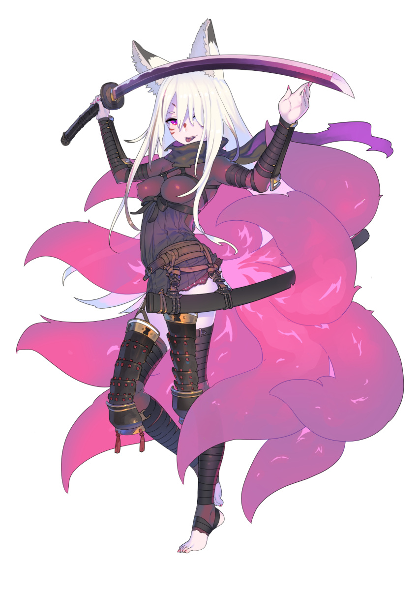 animal_ears arms_up belt black_dress black_scarf black_thighhighs blunt_bangs breasts commentary_request dress enkyo_yuuichirou female flower fox_ears fox_tail full_body hair_between_eyes hair_flower hair_ornament highres holding holding_sword holding_weapon katana kitsunegasaki_tametsugu_(tenka_hyakken) long_hair long_sleeves looking_at_viewer multiple_tails official_art purple_eyes scarf sheath simple_background smile solo sword tail tenka_hyakken thighhighs toeless_legwear tongue tongue_out weapon white_background white_hair zettai_ryouiki