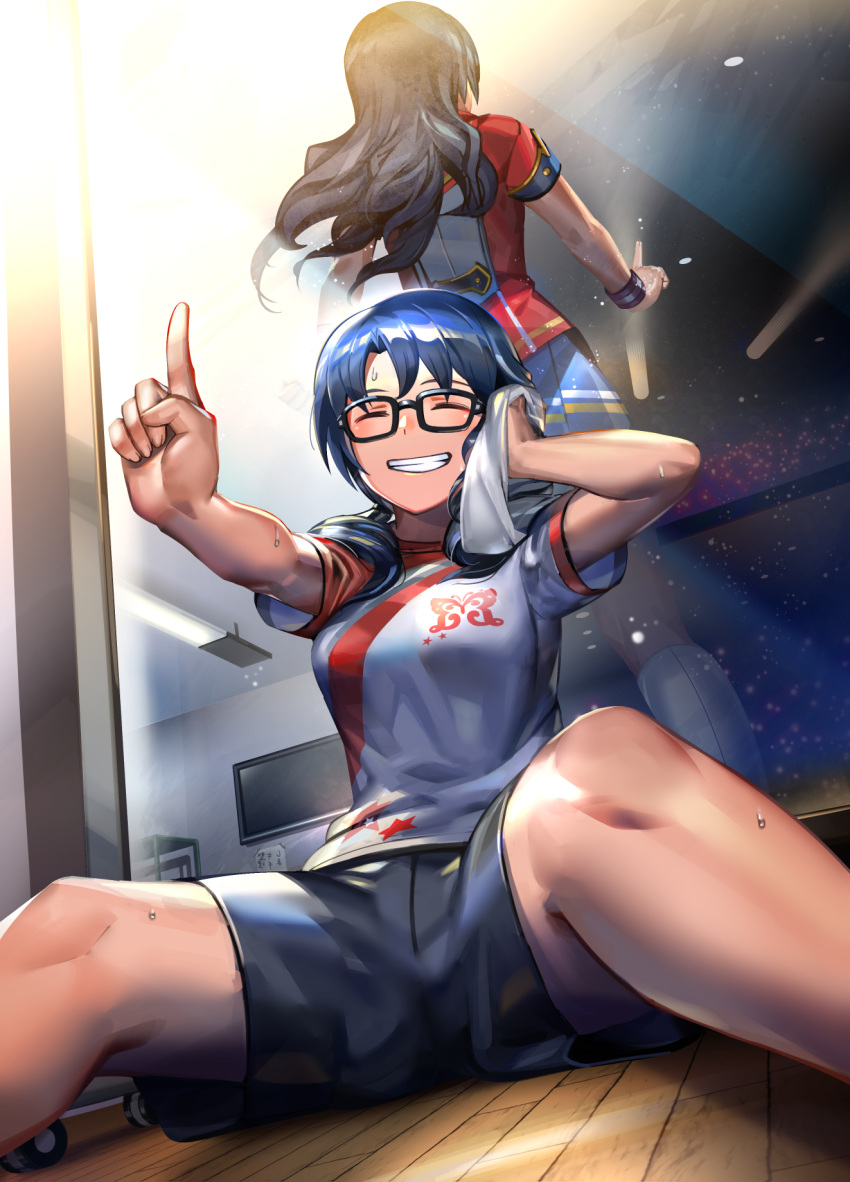 black_hair black_shorts blue_skirt breasts closed_eyes commentary_request different_reflection donarudo dual_persona female glasses grin gym hand_on_own_head hand_up highres idolmaster idolmaster_million_live! idolmaster_million_live!_theater_days index_finger_raised jacket legs long_hair low_twintails medium_breasts mirror on_floor pleated_skirt print_skirt red_jacket reflection shiny_trinity_(idolmaster) shirt shorts sitting skirt smile spread_legs t-shirt takayama_sayoko thighs towel twintails white_shirt wristband