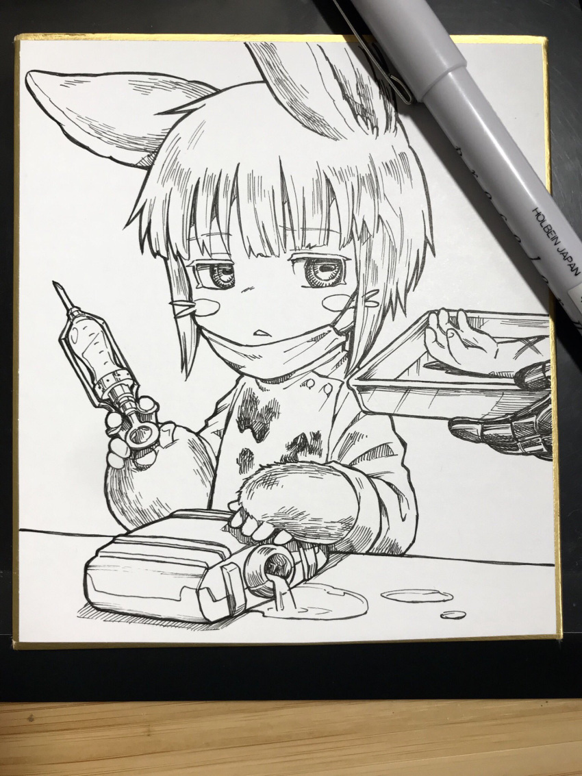 1other animal_ears art_tools_in_frame bob_cut cartridge_(made_in_abyss) commentary_request container furry greyscale hatching_(texture) highres holding holding_syringe holding_tray horizontal_pupils inverted_bob linear_hatching liquid long_sleeves made_in_abyss mask mask_pull monochrome mouth_mask nanachi_(made_in_abyss) other_focus out_of_frame photo_(medium) puddle severed_arm severed_limb shikishi short_hair sideways_glance solo_focus spill stain surgical_mask syringe traditional_media tray tsumiki_yuu upper_body whiskers x