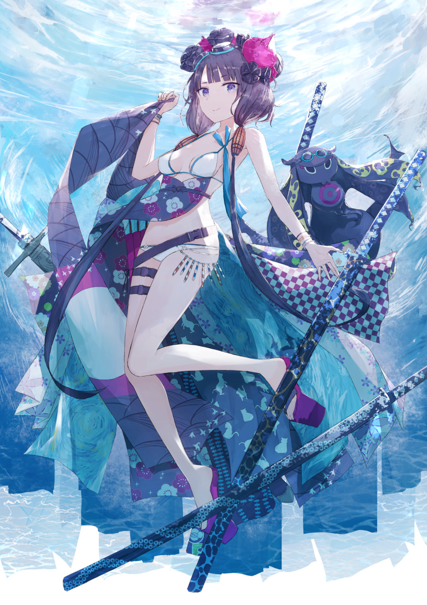 bare_arms bare_legs bare_shoulders barefoot belt bikini blunt_bangs breasts checkered commentary_request fate/grand_order fate_(series) female floral_print full_body goggles goggles_on_head hair_ornament hand_up highres katana katsushika_hokusai_(fate) katsushika_hokusai_(swimsuit_saber)_(fate) long_hair looking_at_viewer low_twintails purple_eyes purple_hair scabbard sheath sheathed small_breasts smile swimsuit sword thigh_strap thighs thkani tokitarou_(fate) twintails underwater very_long_hair weapon white_bikini