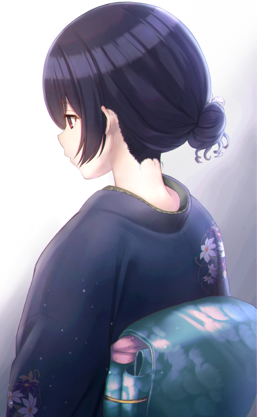 bad_id bad_pixiv_id black_hair black_kimono closed_mouth commentary_request cotrpopor female floral_print from_behind grey_background hair_bun half-closed_eyes highres idolmaster idolmaster_shiny_colors japanese_clothes kimono looking_away looking_down morino_rinze nape obi print_kimono profile red_eyes sash short_hair sidelocks single_hair_bun solo upper_body white_background