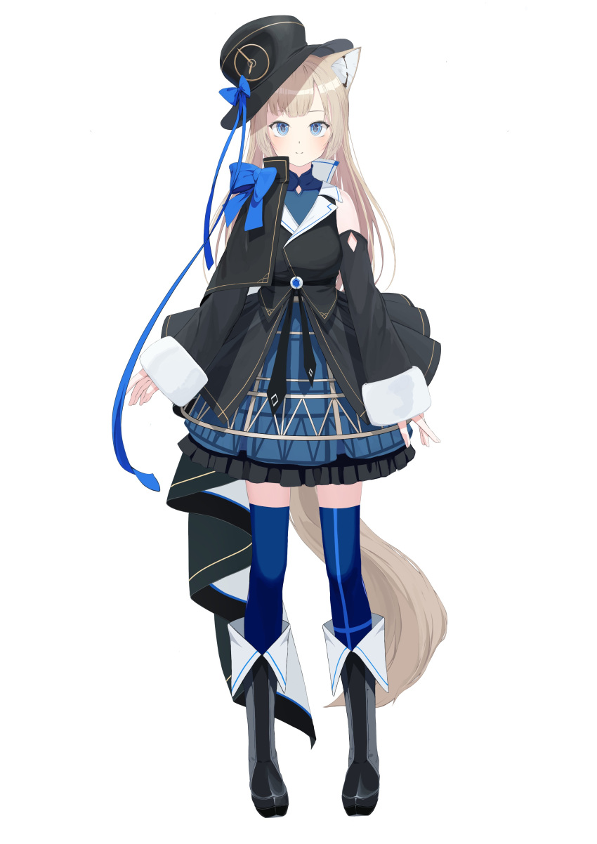 absurdres animal_ears black_footwear blue_bow blue_eyes blue_thighhighs bow dress female fox_ears fox_tail full_body hat highres long_hair mikisai prism_project simple_background smile solo tachi-e tail thighhighs tokimori_aoi virtual_youtuber white_background