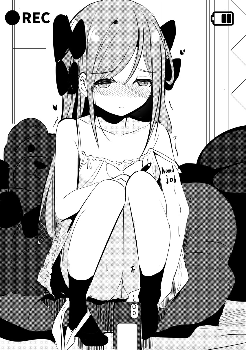 absurdres bad_id bad_twitter_id bare_arms bare_shoulders blush body_writing bow collarbone commentary_request dress english_text female greyscale hair_between_eyes hairbow heart highres inactive_account knees_up long_hair looking_away monochrome no_shoes nose_blush original panties panties_around_one_leg parted_lips pussy recording sitting sleeveless sleeveless_dress socks solo strap_slip stuffed_animal stuffed_toy surio tally teddy_bear trembling underwear very_long_hair