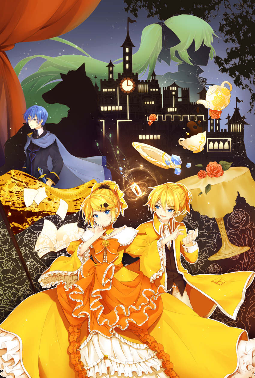 2boys 2girls absurdres aku_no_meshitsukai_(vocaloid) aku_no_musume_(vocaloid) allen_avadonia ascot blonde_hair blood blood_splatter blue_cape blue_eyes blue_hair book bow brother_and_sister cape castle choker clock commentary cup curtains diamond_(gemstone) dress dress_flower earrings evillious_nendaiki flag floating floating_object flower frilled_dress frilled_sleeves frills gears green_hair hair_ornament hair_ribbon hairbow hairclip hatsune_miku highres horse jacket jewelry kagamine_len kagamine_rin kaito_(vocaloid) kyle_marlon looking_at_another looking_at_viewer looking_to_the_side message_in_a_bottle michaela_(evillious_nendaiki) multiple_boys multiple_girls off-shoulder_dress off_shoulder open_mouth princess red_flower red_rose ribbon riliane_lucifen_d'autriche rose serious short_ponytail siblings silhouette smile sword table teacup teapot tsurime twins twintails updo varinr vocaloid weapon wide_sleeves yellow_dress yellow_jacket