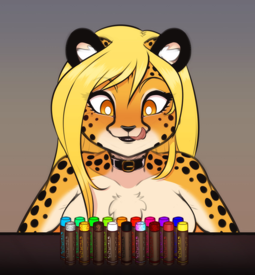 amber_eyes anthro blonde_hair breasts cheetah chest_tuft collar felid feline female hair hi_res licking licking_lips licking_own_lips lipstick makeup mammal mihari pupils scorpdk self_lick solo tongue tongue_out tuft white_pupils