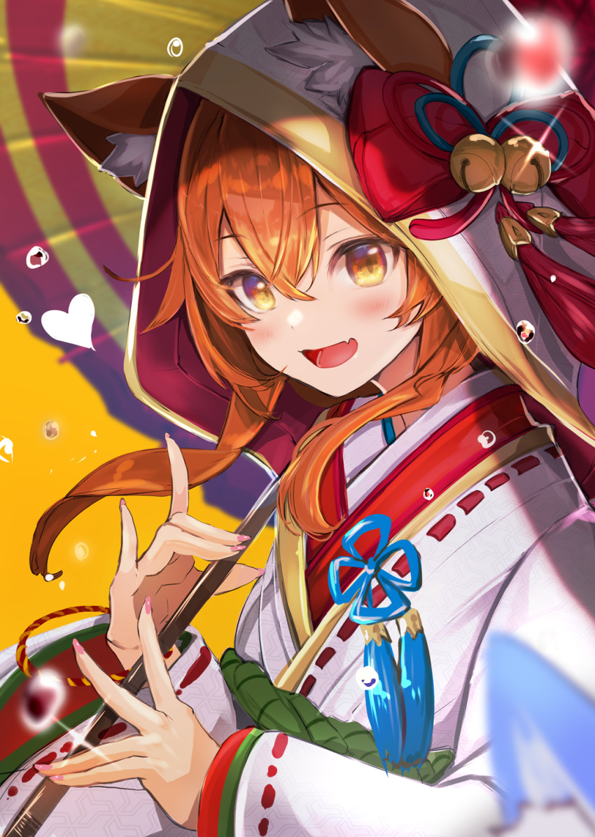 :d animal_ear_fluff animal_ears bell bride dress ears_through_headwear female fox_ears fox_girl fox_shadow_puppet fuku_kitsune_(fuku_fox) hair_between_eyes heart highres hood japanese_clothes jingle_bell kimono korin_(shironeko_project) long_hair long_sleeves looking_at_viewer nail_polish oil-paper_umbrella open_mouth orange_hair pink_nails rope shimenawa shironeko_project smile solo uchikake umbrella upper_body water_drop wedding_dress white_kimono wide_sleeves yellow_eyes