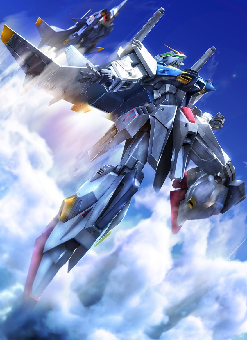 assault_visor clenched_hand gundam gundam_gt-four gundam_ms_generation highres mecha mobile_suit no_humans open_hand robot science_fiction shoulder_cannon solo_focus v-fin zb_(dawn-blue)