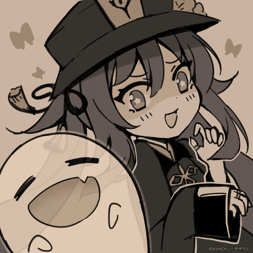 blush boo_tao_(genshin_impact) chibi chinese_clothes closed_eyes female genshin_impact ghost greyscale hat highres hu_tao_(genshin_impact) long_sleeves looking_at_viewer monochrome oerba_yun_fang open_mouth sasha_chii smile solo symbol-shaped_pupils