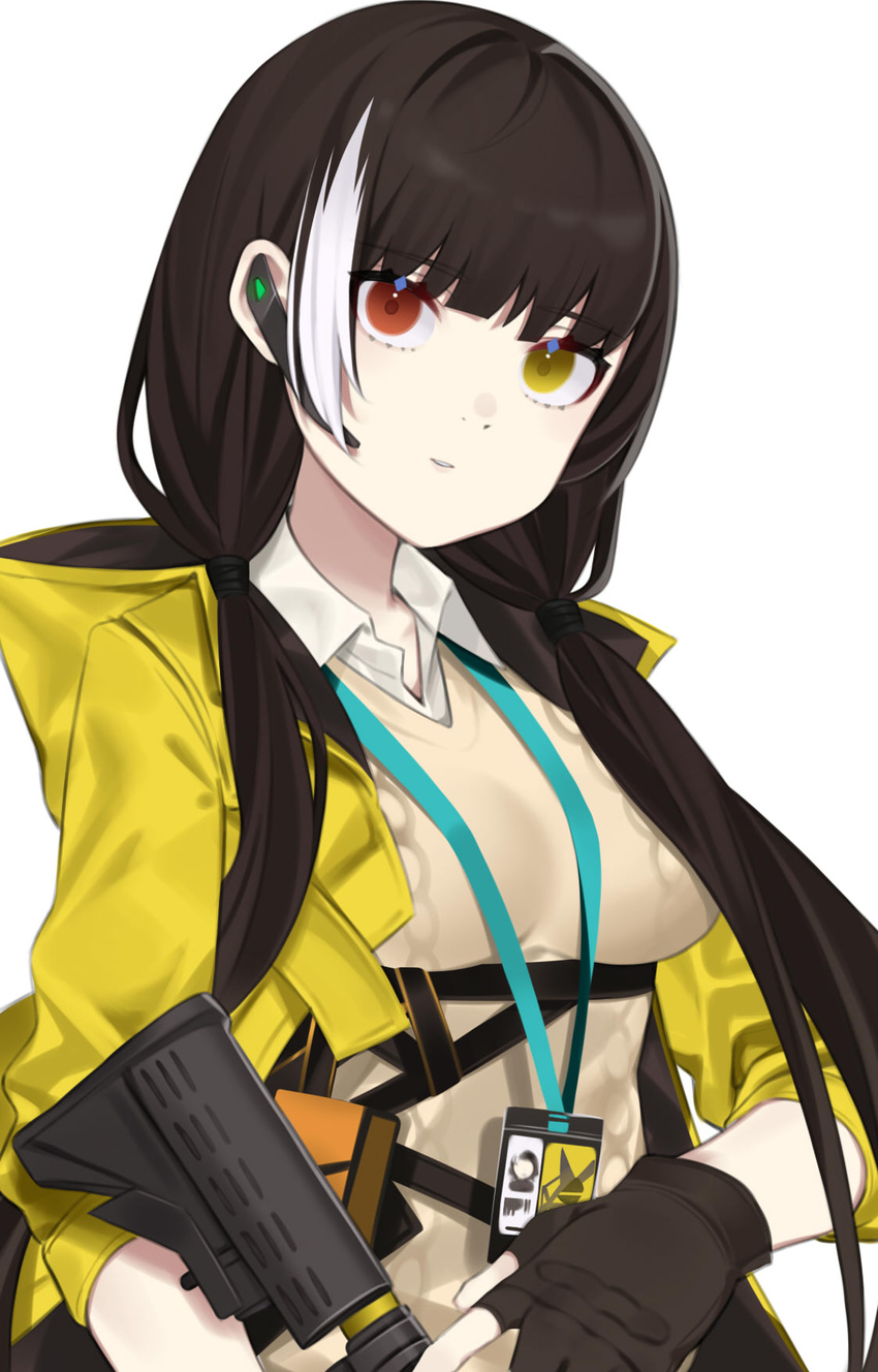 black_gloves black_hair colt_9mm_smg commentary_request e_draw_paint female fingerless_gloves girls'_frontline gloves gun headset heterochromia highres jacket long_hair looking_at_viewer multicolored_hair red_eyes ro635_(girls'_frontline) simple_background solo streaked_hair submachine_gun twintails upper_body weapon white_background white_hair yellow_eyes yellow_jacket