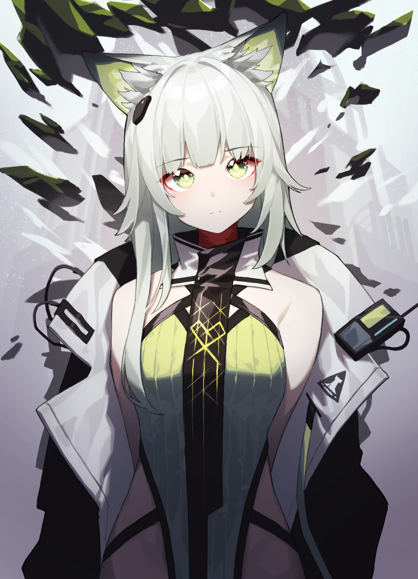 absurdres animal_ear_fluff animal_ears arknights bare_shoulders beudelb breasts cat_ears closed_mouth coat commentary cowboy_shot dress female green_dress green_eyes grey_hair highres hip_vent kal'tsit_(arknights) kal'tsit_(remnant)_(arknights) long_hair looking_at_viewer medium_breasts off_shoulder official_alternate_costume open_clothes open_coat solo split_mouth white_coat