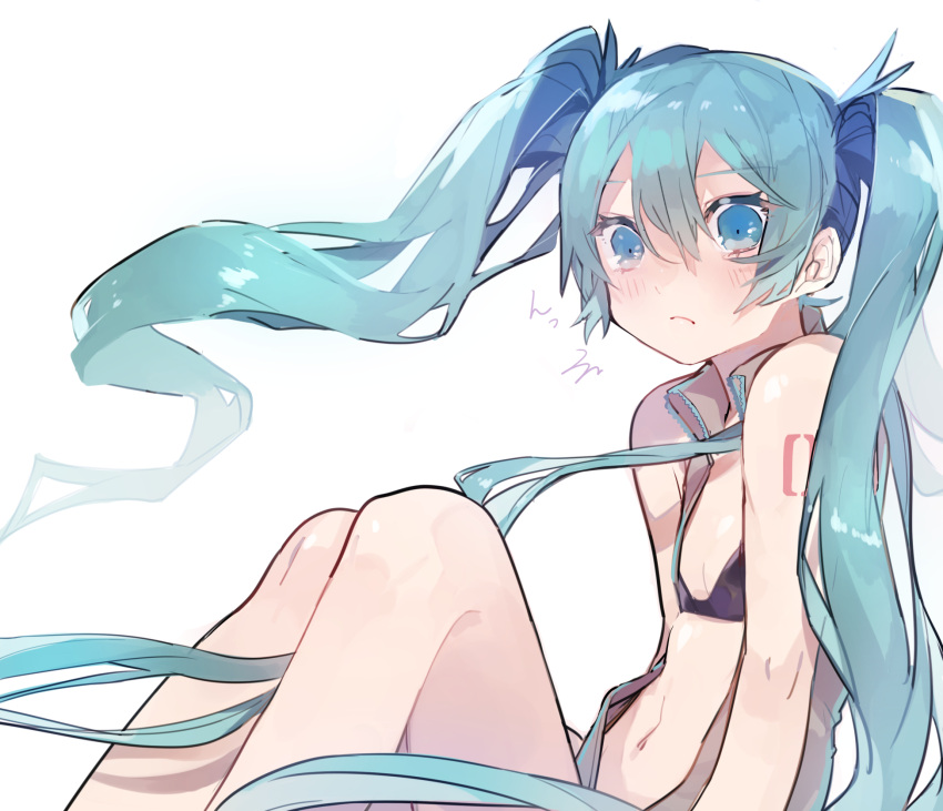 bare_shoulders bikini black_bikini blue_eyes blue_hair blush closed_mouth collared_shirt commentary female flat_chest from_side grey_shirt hatsune_miku highres knees_up long_hair looking_back looking_to_the_side naruto_maki navel number_tattoo open_clothes open_shirt shirt shoulder_tattoo simple_background sitting sleeveless sleeveless_shirt solo swimsuit tattoo twintails very_long_hair vocaloid white_background