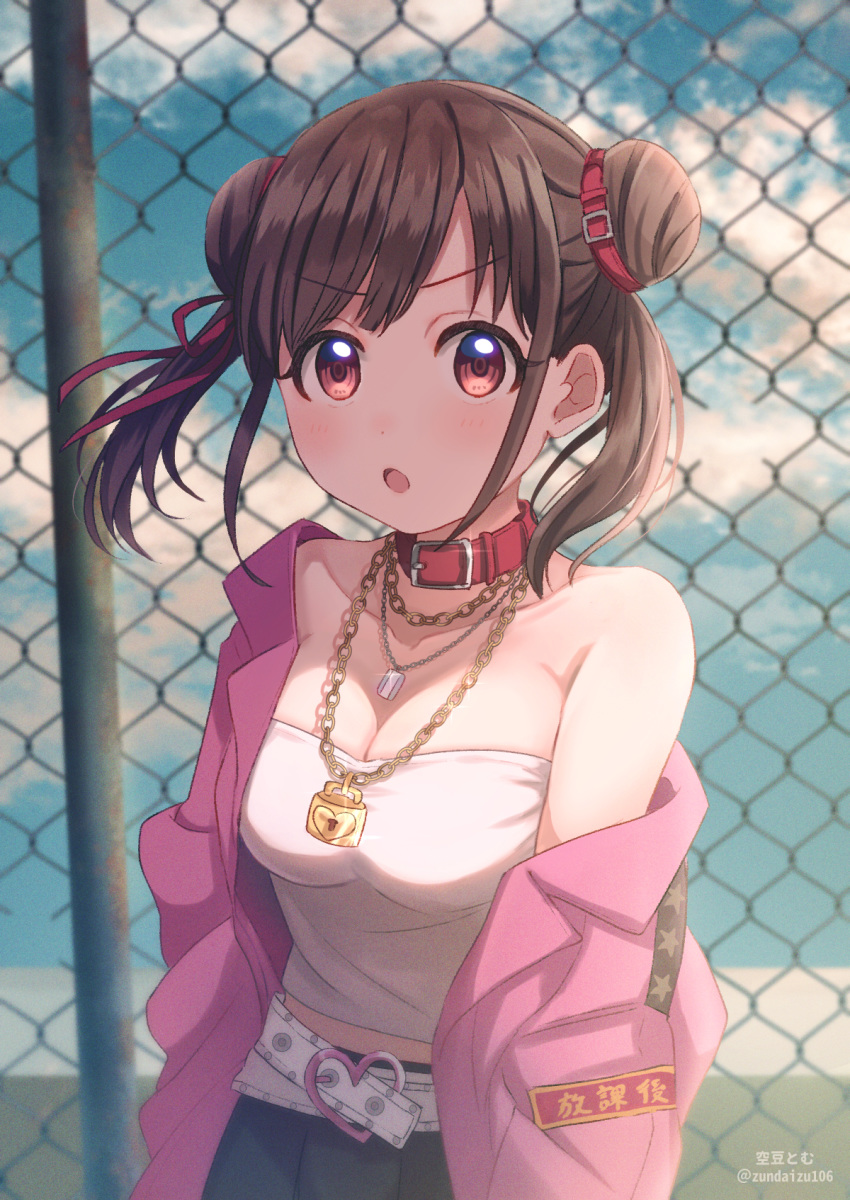 :o bare_shoulders belt blue_sky blush breasts brown_eyes brown_hair chain-link_fence cloud collar collarbone commentary_request day double_bun female fence hair_bun hair_ornament heart highres idolmaster idolmaster_shiny_colors jacket jewelry large_breasts lock long_hair long_sleeves looking_at_viewer necklace open_mouth outdoors pink_collar pink_jacket red_eyes shirt skirt sky smile solo sonoda_chiyoko soramame_tomu translation_request twintails white_belt