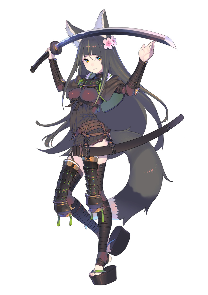 animal_ears arms_up belt black_dress black_hair black_thighhighs blunt_bangs breasts cherry_blossoms commentary_request dress enkyo_yuuichirou female flower fox_ears fox_tail full_body hair_between_eyes hair_flower hair_ornament highres holding holding_sword holding_weapon katana kitsunegasaki_tametsugu_(tenka_hyakken) long_hair long_sleeves looking_at_viewer official_art pink_flower platform_footwear sandals sheath simple_background solo sword tail tenka_hyakken thighhighs toeless_legwear weapon white_background yellow_eyes zettai_ryouiki