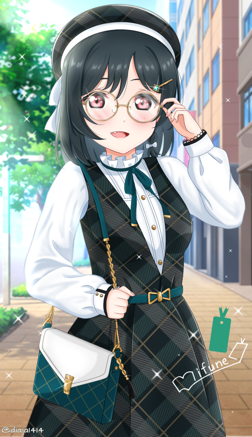 :d absurdres adjusting_eyewear bag belt black_hair blouse character_name character_signature day diaja1414 dress english_commentary english_text eyebrows_hidden_by_hair female green_dress green_ribbons handbag highres looking_at_viewer love_live! love_live!_nijigasaki_high_school_idol_club love_live!_school_idol_festival_all_stars medium_hair mifune_shioriko nail_polish neck_ribbon oerba_yun_fang official_alternate_costume outdoors pinafore_dress pink_eyes pink_nails plaid plaid_dress ribbon round_eyewear shirt sleeveless sleeveless_dress smile solo twitter_username white_shirt