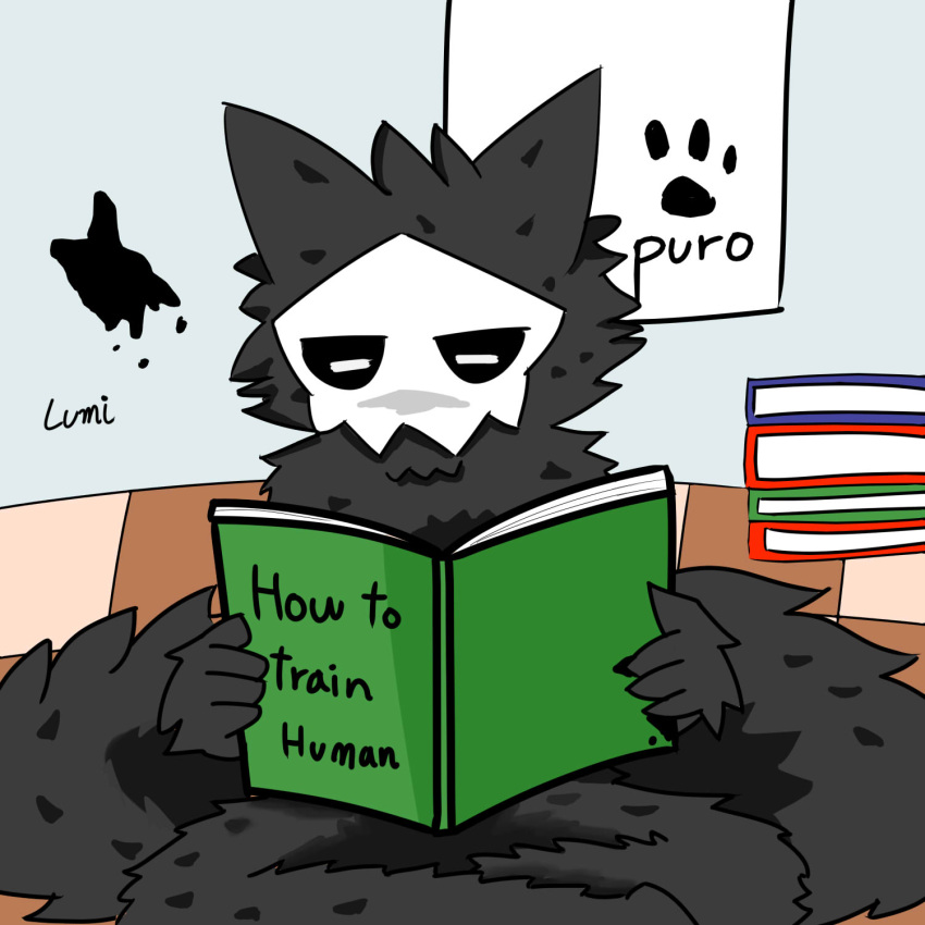 1:1 ambiguous_gender anthro black_body black_fur book canid canine canis changed_(video_game) footprint fur hi_res lumi192 mammal mask pawprint puro_(changed) reading reading_book sitting solo wolf