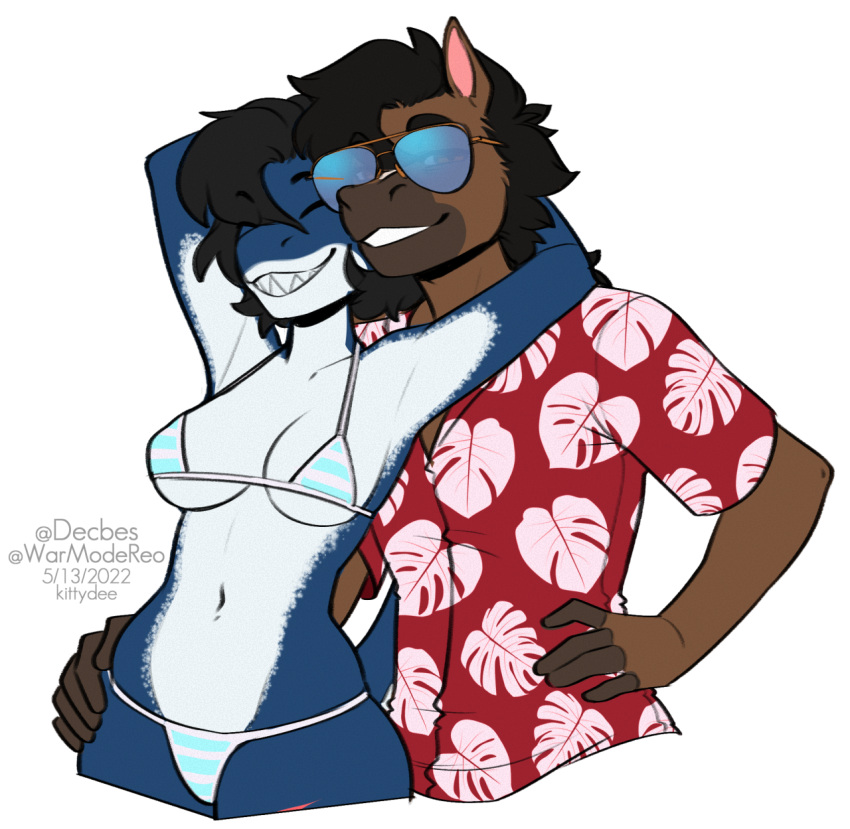 2022 aloha_shirt alpha_channel anthro bikini black_hair breasts clothed clothing digital_media_(artwork) duo equid equine eyewear female fish glasses hair harrison_maker hi_res horse kittydee looking_at_viewer male mammal marine midriff navel non-mammal_breasts pattern_clothing pattern_shirt pattern_topwear shark shirt simple_background skimpy_bikini smile swimwear topwear transparent_background triangle_bikini under_boob