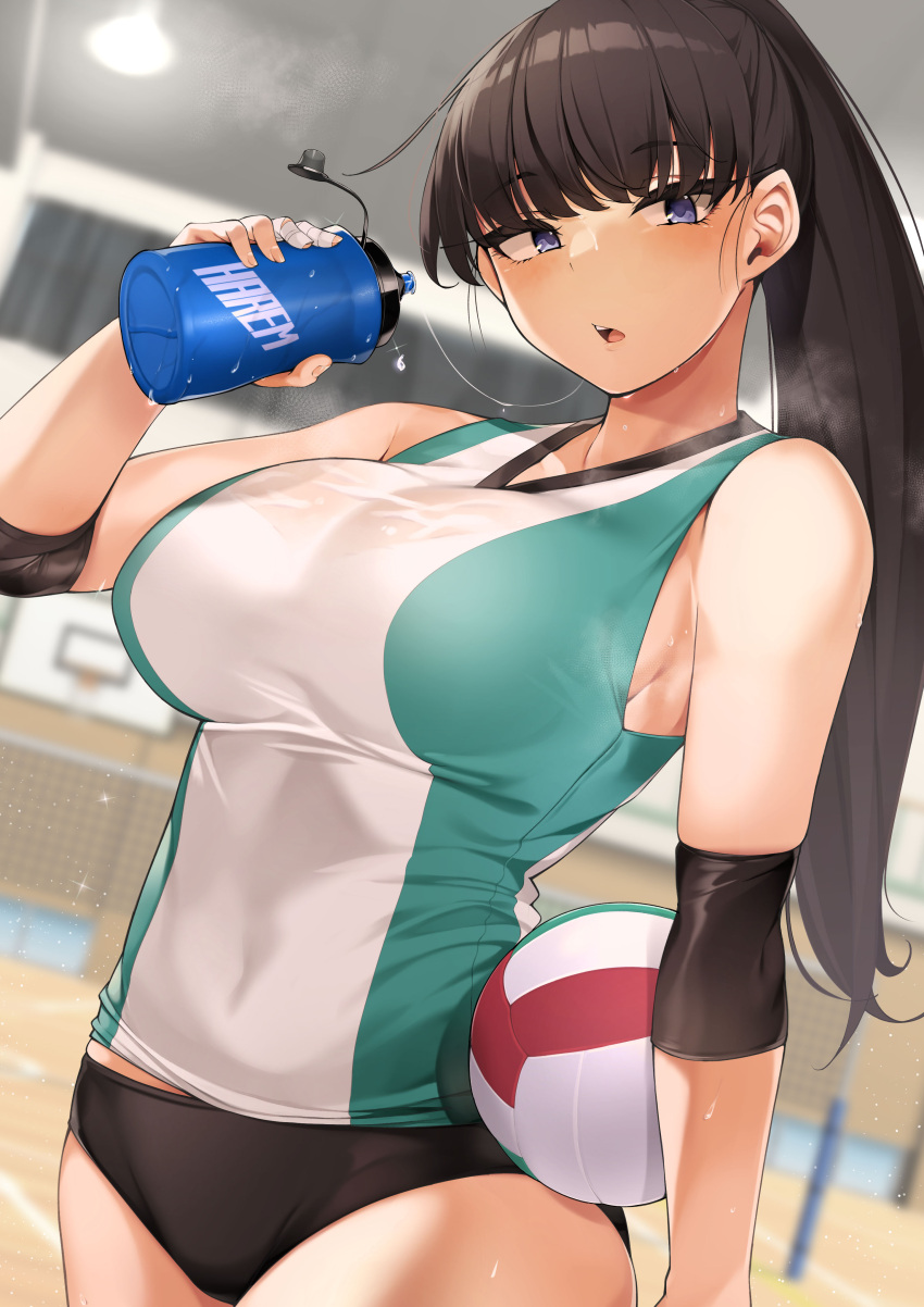 absurdres ball blue_eyes bottle breasts brown_hair commentary_request female highres holding holding_ball holding_bottle jovejun large_breasts long_hair looking_at_viewer saliva saliva_trail shuumatsu_no_harem solo sportswear sweat toudou_akira_(shuumatsu_no_harem) volleyball volleyball_(object) volleyball_net