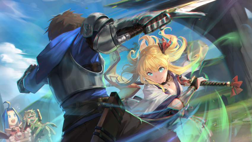 >_< 2boys 2girls ahoge armor blonde_hair blue_hair blue_hoodie breastplate breasts brown_hair brown_pants cleavage closed_mouth cloud commentary day fighter_(granblue_fantasy) fighting_stance from_behind gauntlets gran_(granblue_fantasy) granblue_fantasy green_eyes hair_ornament highres holding holding_sword holding_weapon hood hoodie jhc_kai katana long_hair lyria_(granblue_fantasy) mirin_(granblue_fantasy) multiple_boys multiple_girls open_mouth outdoors pants ready_to_draw sheath shoulder_armor smile sword vambraces vyrn_(granblue_fantasy) weapon wide_sleeves wind yodarha_(granblue_fantasy)