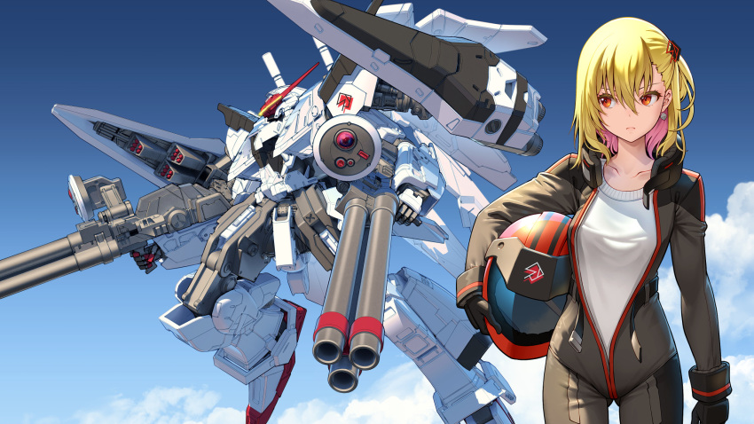 ashizawa_saki assault_visor black_bodysuit blonde_hair bodysuit cloud collarbone colored_inner_hair dual_wielding flying gun gundam gundam_hathaway's_flash helmet highres holding holding_gun holding_helmet holding_weapon looking_to_the_side mecha missile_pod multicolored_hair normal_suit official_art pilot_suit pinakes pink_hair riot_music robot science_fiction shield shirt side_ponytail sky unworn_headwear unworn_helmet virtual_youtuber weapon white_shirt