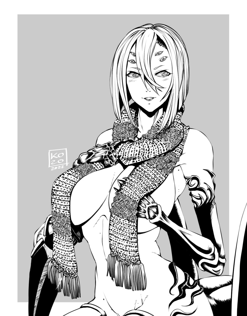 arachne arthropod_girl artist_name breasts cowboy_shot extra_eyes female grey_background hands_on_own_chest highres ko20_art large_breasts mole monochrome monster_girl monster_musume_no_iru_nichijou naked_scarf nude rachnera_arachnera scarf short_hair signature simple_background sitting solo spider_girl taur