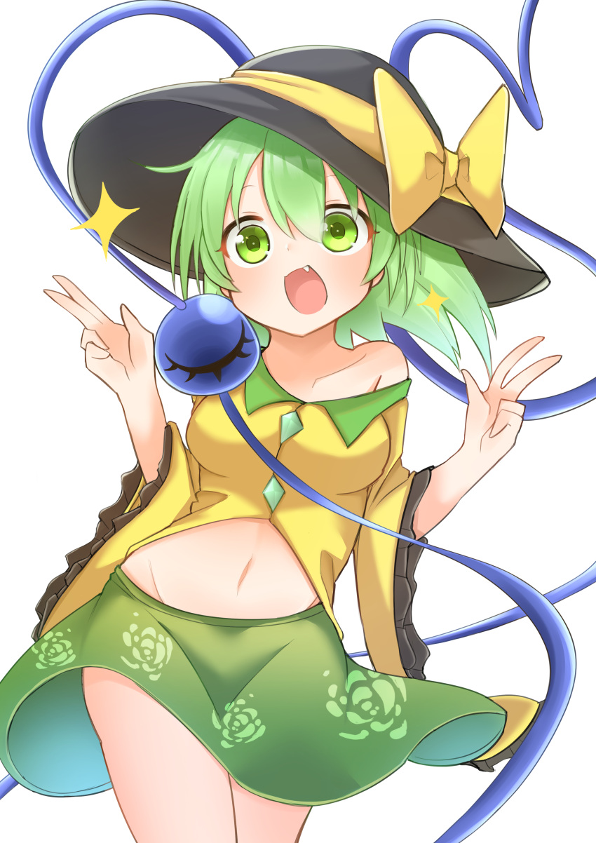 :d absurdres black_hat bow breasts commentary double_v female floral_print green_eyes green_hair green_skirt groin hat hat_bow heart heart_of_string highres koishi_day komeiji_koishi looking_at_viewer midriff navel oerba_yun_fang open_mouth rose_print shiki_karin shirt short_hair simple_background skirt smile solo star_(symbol) third_eye touhou v white_background wide_sleeves yellow_bow yellow_shirt