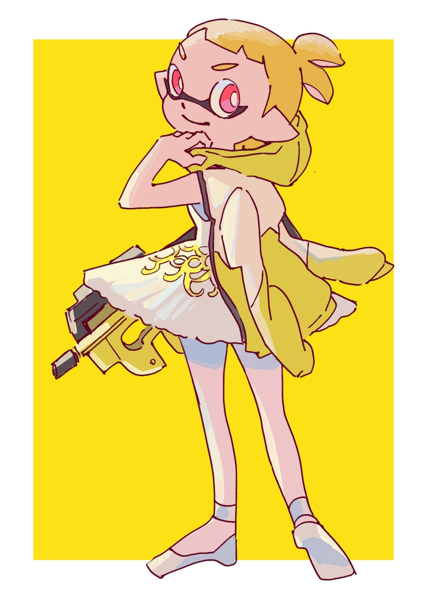 agent_4_(splatoon) ballet ballet_dress ballet_slippers blonde_hair border dress female highres holding holding_weapon inkling inkling_girl inkling_player_character katou_(osoraku) red_eyes simple_background smile solo splatoon_(series) splatoon_2 squidbeak_splatoon tutu weapon white_border white_dress yellow_background yellow_theme