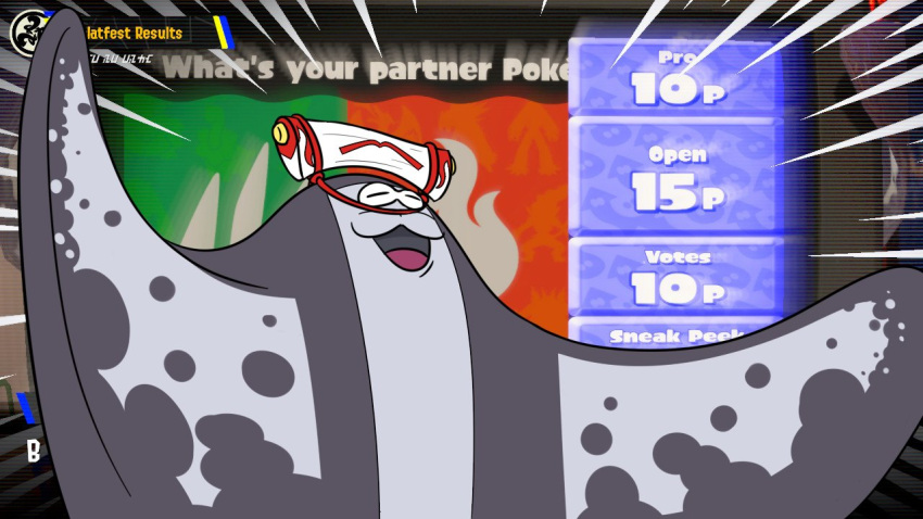 16:9 :3 acfap120 anthro big_man_(splatoon) celebration clothing fish grey_body hat headgear headwear male manta_ray marine meme nintendo pupils ray_(fish) slit_pupils solo speckled_body splatfest splatoon stingray widescreen zoom_lines