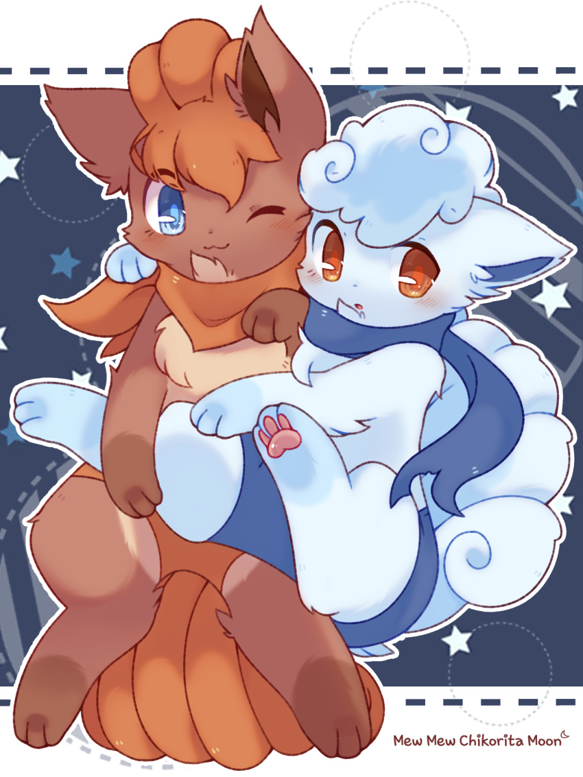 2019 3:4 3_toes :3 alolan_form alolan_vulpix ambiguous_gender bandana blue_eyes blush brown_body brown_fur chikorita_moon clothing daww duo ears_back ears_up feet feral fluffy fluffy_ears fluffy_tail fur gabriel_(robinstic) generation_1_pokemon generation_7_pokemon hi_res kemono kerchief leg_markings looking_at_viewer markings michael_(robinstic) multi_tail nintendo one_eye_closed open_mouth pawpads pivoted_ears pokemon pokemon_(species) regional_form_(pokemon) scarf shy socks_(marking) spread_legs spreading tail tan_body tan_fur toes vulpix white_body white_fur