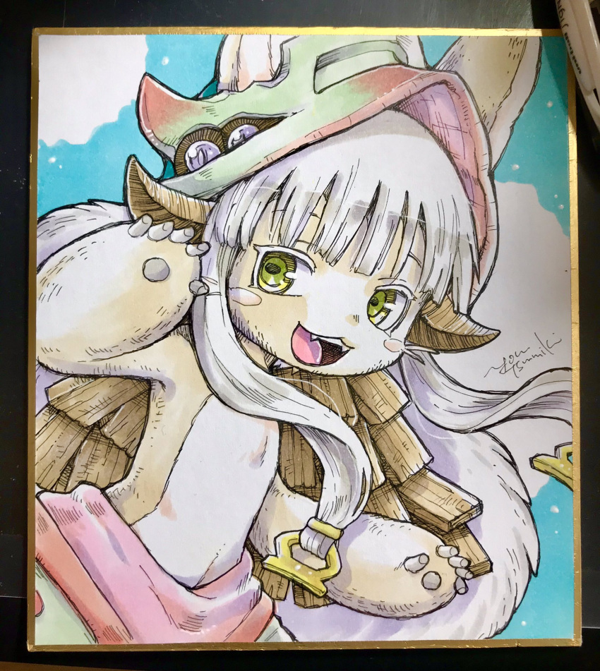 1other :3 animal_ears aqua_background art_tools_in_frame artist_name brown_fur commentary_request cowboy_shot fake_horns fangs furry green_eyes green_pants grey_hair hands_up helmet highres horns looking_at_viewer made_in_abyss multicolored_pants nanachi_(made_in_abyss) open_mouth other_focus pants photo_(medium) red_pants shikishi short_hair_with_long_locks signature smile solo topless traditional_media tsumiki_yuu white_background