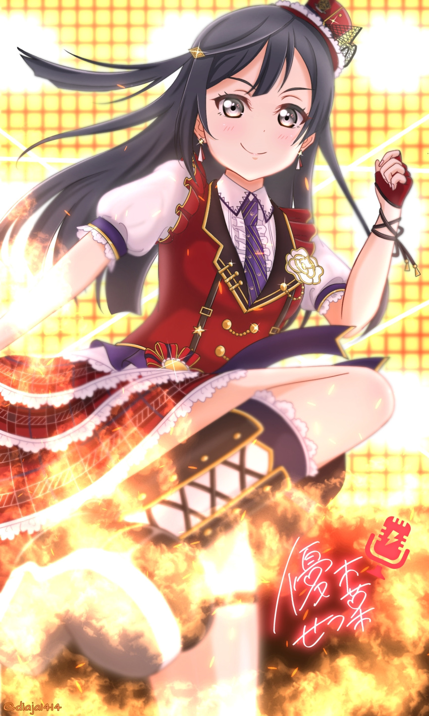 black_footwear black_hair blurry boots character_signature chase!_(love_live!) closed_mouth curled_fingers depth_of_field diaja1414 english_commentary female fire gloves grey_eyes hair_ornament hairclip half_gloves hat highres incoming_kick leg_up lights long_hair looking_at_viewer love_live! love_live!_nijigasaki_high_school_idol_club love_live!_school_idol_festival_all_stars mini_hat necktie plaid plaid_skirt puffy_short_sleeves puffy_sleeves purple_necktie red_gloves red_hat red_skirt red_vest shirt short_sleeves skirt smile solo twitter_username vest white_shirt wing_collar wrist_straps yellow_background yuki_setsuna_(love_live!)