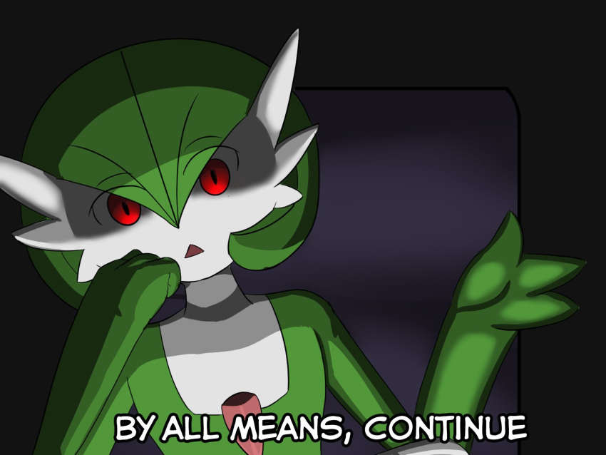 2020 3_fingers 4:3 dialogue english_text female fingers gardevoir generation_3_pokemon green_hair hair hand_on_chin hi_res humanoid looking_at_viewer mferite nintendo not_furry pokemon pokemon_(species) reaction_image red_eyes shadowed_eyes simple_background solo talking_to_viewer text