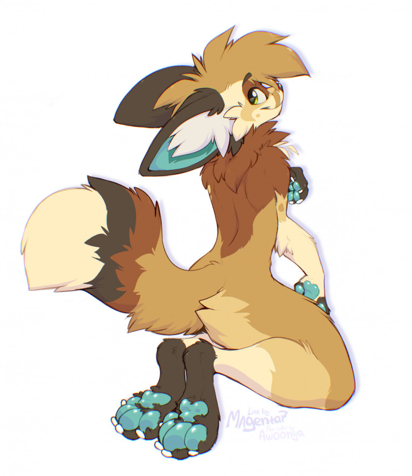 2022 4_fingers 4_toes anthro blue_pawpads brown_body brown_fur canid canine claws digital_media_(artwork) feet fingers fox fur green_eyes hi_res magenta7 male male_anthro mammal nude pawpads paws riko_(kilometers) simple_background smile tan_body tan_fur teal_inner_ear teal_pawpads toe_claws toes white_background