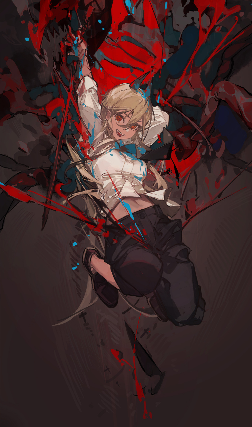 absurdres arms_up bad_id bad_twitter_id blonde_hair blood blood_devil_(chainsaw_man) blood_on_hands breasts chainsaw_man ciloranko collared_shirt cross-shaped_pupils demon_girl demon_horns dress_shirt female floating full_body hair_between_eyes hemokinesis highres horns knees_up long_hair long_sleeves medium_breasts necktie open_mouth pants power_(chainsaw_man) red_eyes red_horns sharp_teeth shirt shoes smile solo symbol-shaped_pupils teeth white_shirt