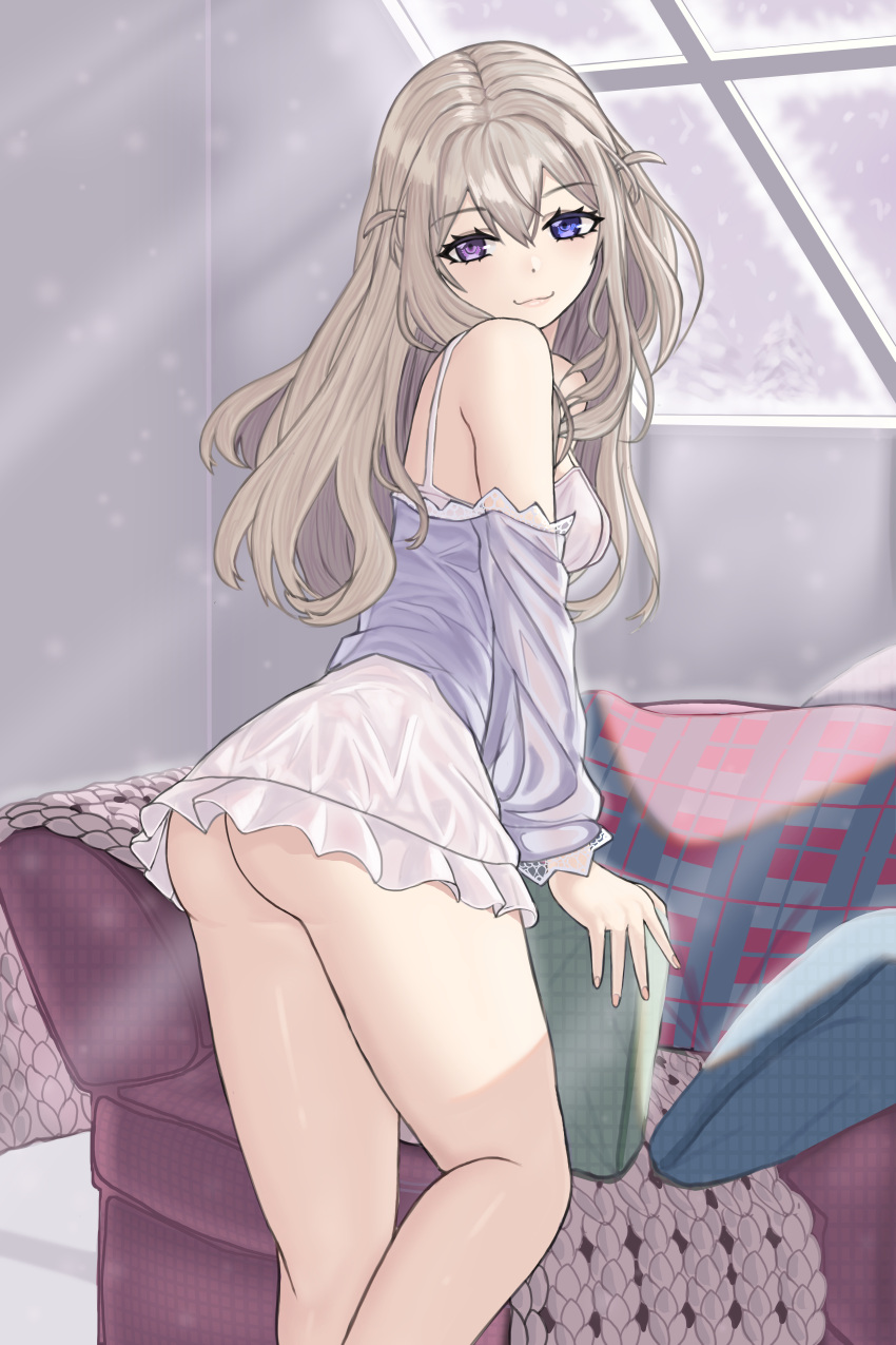 absurdres ass azur_lane bare_shoulders blue_eyes breasts chair craiven female frosted_glass grey_hair hair_between_eyes heterochromia highres indoors long_hair looking_at_viewer looking_back medium_breasts murmansk_(azur_lane) murmansk_(sceneries_of_pure_snow)_(azur_lane) nightgown official_alternate_costume pillow purple_eyes solo white_nightgown window