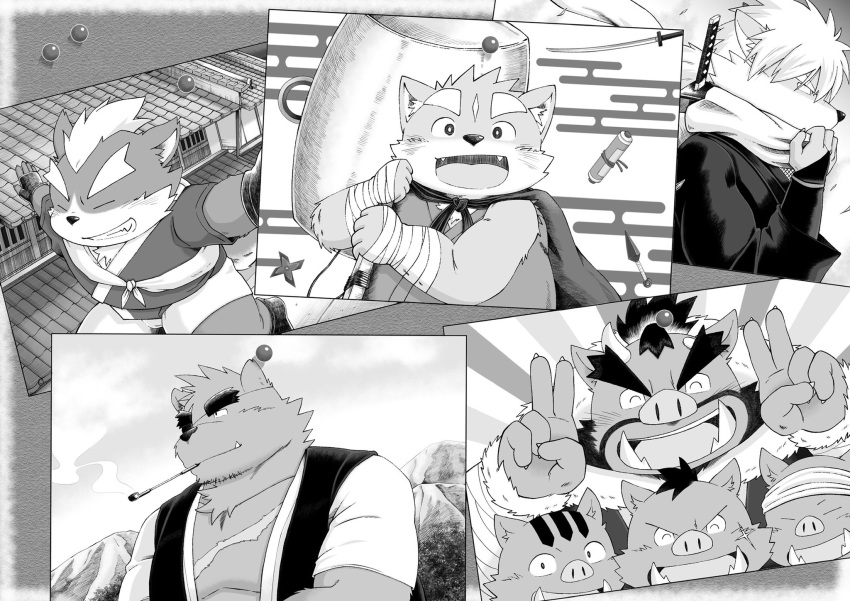 2021 anthro bear canid canine canis closed_eyes domestic_dog gouki_(the_spicy_ninja_scrolls) group hi_res homohomofever humanoid_hands kemono male mammal monochrome oroshi_(the_spicy_ninja_scrolls) overweight overweight_male shichimi_(the_spicy_ninja_scrolls) smoking suid suina sus_(pig) the_spicy_ninja_scrolls tonza_(the_spicy_ninja_scrolls) wasabi_(the_spicy_ninja_scrolls) weapon wild_boar wolf young young_anthro young_male