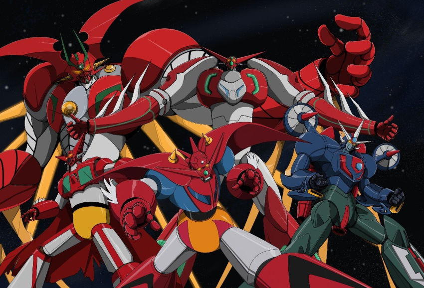 cape commentary_request evolution getter-1 getter_arc getter_dragon getter_go getter_robo getter_robo_arc getter_robo_g getter_robo_go glowing glowing_eyes mecha monmon_(monban) open_hands propeller robot shin_getter-1 shin_getter_robo space star_(symbol) yellow_eyes