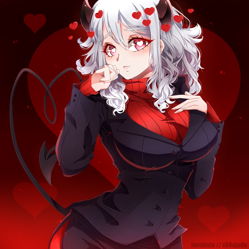 absurdres black_horns black_skirt black_suit blush breasts commentary demon_girl demon_horns demon_tail female formal heart heart-shaped_pupils heart_tail helltaker highres horns invidiata large_breasts long_hair long_sleeves looking_at_viewer modeus_(helltaker) red_background red_eyes red_sweater ribbed_sweater skirt sleeves_past_wrists solo suit sweater symbol-shaped_pupils tail turtleneck white_hair