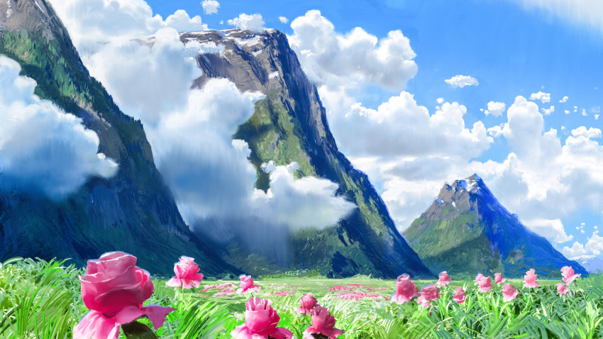 absurdres cloud day english_commentary espen_olsen_saetervik flower grass highres mountain no_humans original outdoors pink_flower scenery sky