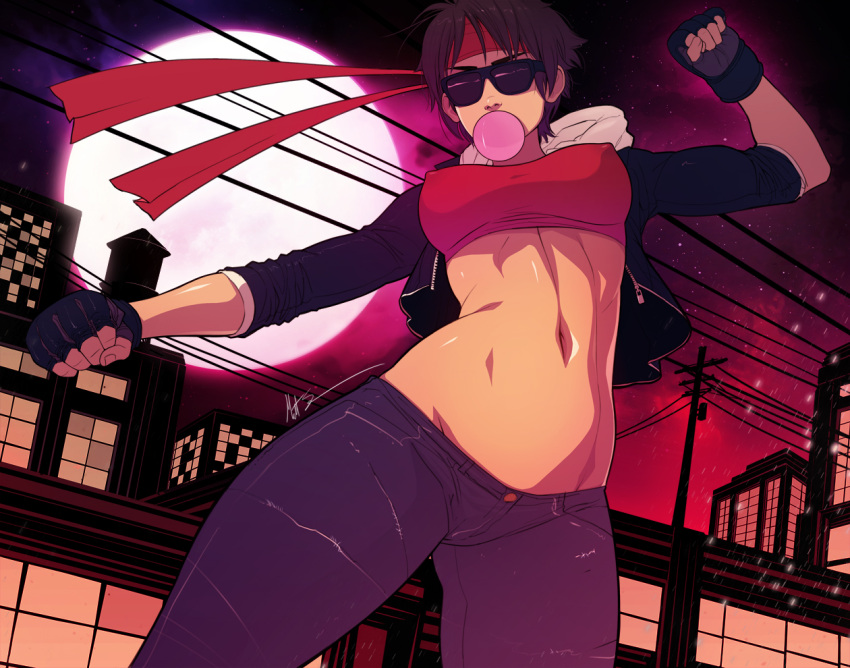 abs alternate_costume bandana blowing_bubbles chewing_gum cityscape commentary commission crop_top denim english_commentary exmile female fingerless_gloves gloves groin jacket jeans kasugano_sakura kung_fury_(movie) lowleg lowleg_pants midair midriff navel night night_sky no_panties pants photoshop_(medium) red_bandana sky solo street_fighter sunglasses