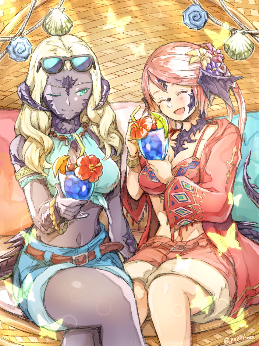 2girls :d ^_^ aqua_bikini aqua_eyes armlet au_ra belt bikini bikini_top_only blonde_hair blue_shorts bracelet breasts bug butterfly cirina_mol cleavage closed_eyes cocktail cocktail_glass collarbone colored_skin commentary crossed_legs cup curled_horns day dragon_girl dragon_horns dragon_tail drinking_glass drinking_straw eyewear_on_head feet_out_of_frame final_fantasy final_fantasy_xiv flower front-tie_bikini_top front-tie_top hair_flower hair_ornament hibiscus highres holding holding_cup horns jacket jewelry light_rays long_hair looking_at_another midriff multiple_girls navel necklace one_eye_closed open_clothes open_jacket open_mouth outdoors pink_hair purple_skin red_bikini red_jacket red_shorts sadu_dotharl scales seashell shell shorts signature sitting smile summer sunbeam sunglasses sunlight swimsuit tail twitter_username wavy_hair yellow_butterfly yue_limsa