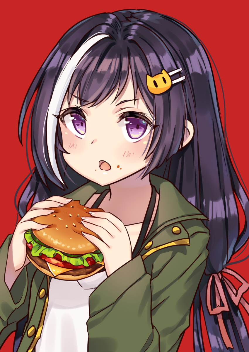 absurdres bad_id bad_pixiv_id black_hair burger cat_hair_ornament collarbone commentary female fingernails food food_on_face goyain green_jacket hair_ornament hair_ribbon hairclip highres holding holding_food jacket karyl_(princess_connect!) karyl_(real)_(princess_connect!) long_hair long_sleeves looking_at_viewer multicolored_hair open_clothes open_jacket open_mouth pink_ribbon princess_connect! purple_eyes red_background ribbon shirt simple_background solo streaked_hair upper_body v-shaped_eyebrows white_hair white_shirt