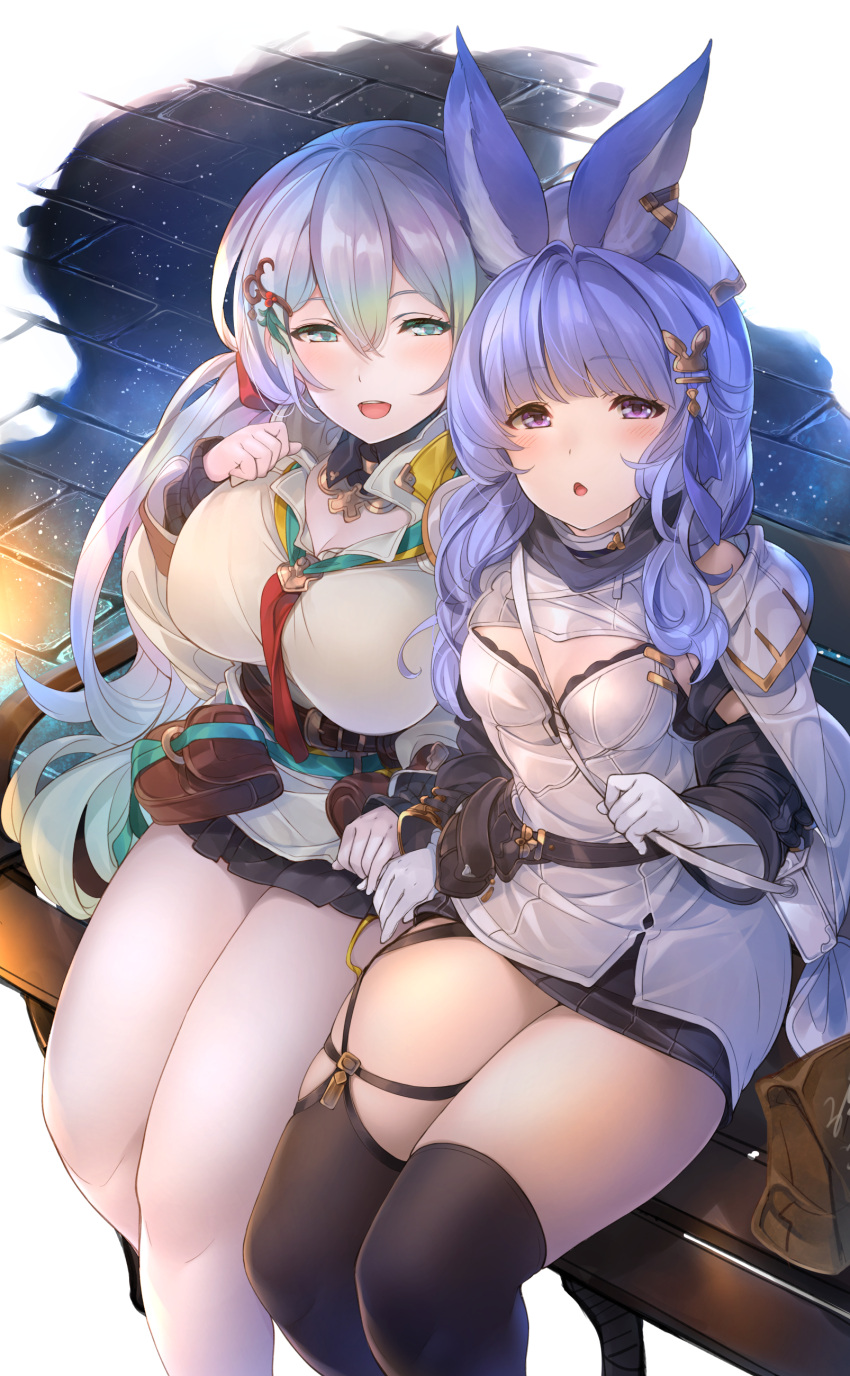 2girls :o absurdres animal_ears bag belt black_legwear black_skirt blush breasts cleavage cupitan_(granblue_fantasy) detached_collar detached_sleeves dress erune gloves gradient_hair granblue_fantasy green_eyes grey_hair hair_ornament hand_on_own_chest handbag hat highres jacket large_breasts long_hair looking_at_viewer mayusaki_yuu miniskirt multicolored_hair multiple_girls necktie nurse_cap open_mouth paper_bag pouch purple_eyes purple_hair red_necktie shirt shoulder_bag sitting skirt small_breasts thighhighs tikoh white_dress white_gloves white_jacket white_shirt